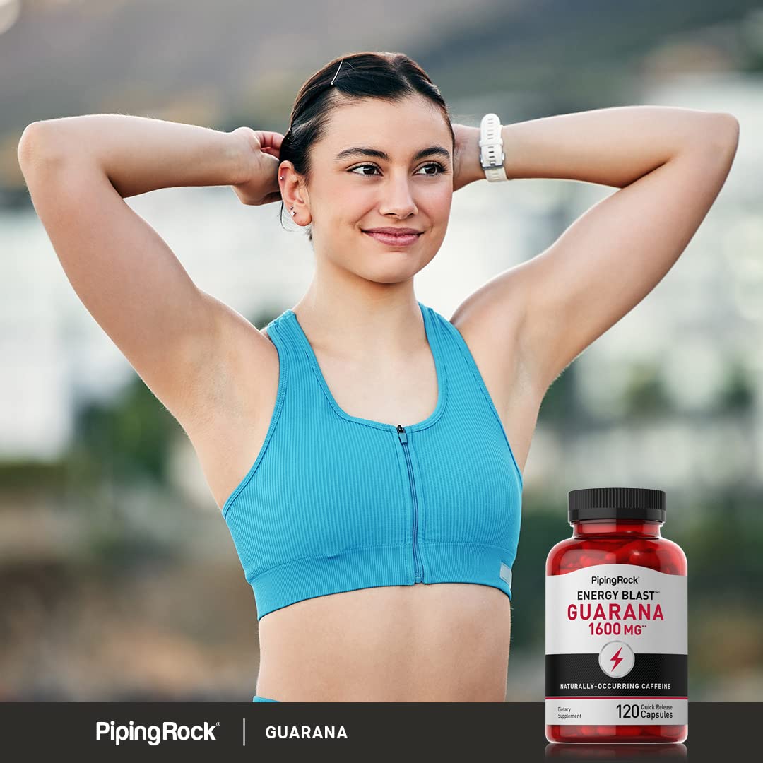 Piping Rock Guarana Capsules 1600 mg label with non-GMO and gluten-free notes