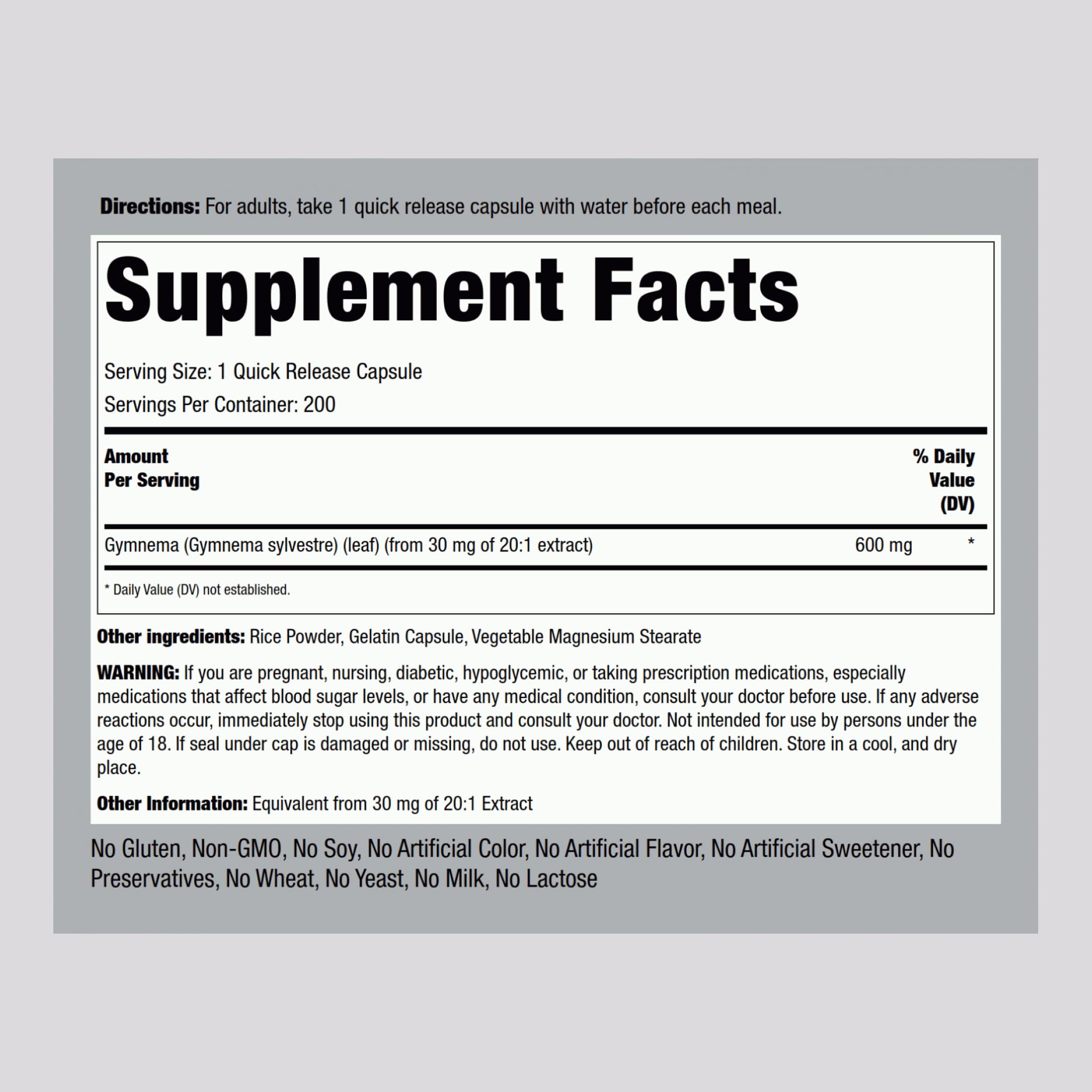 Piping Rock Gymnema Sylvestre 200 capsules displayed for easy daily supplementation.