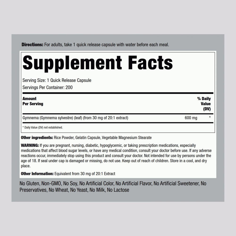 Piping Rock Gymnema Sylvestre 200 capsules displayed for easy daily supplementation.