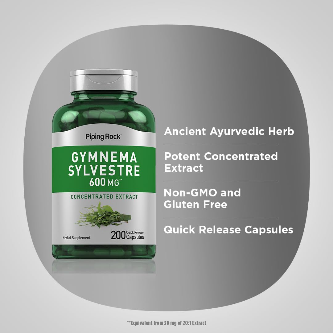Piping Rock Gymnema Sylvestre ingredient panel shows non-GMO and gluten-free sourcing.