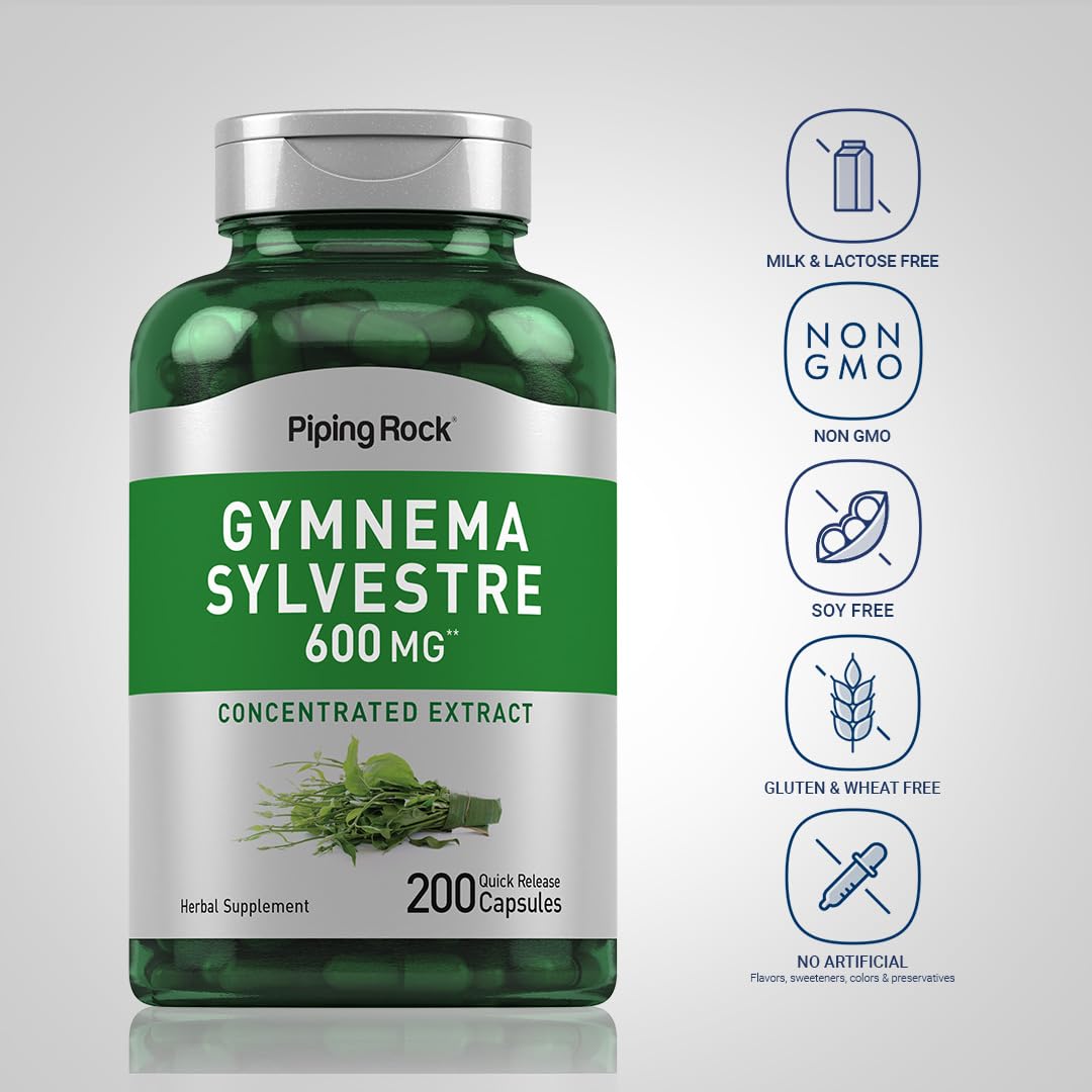 Piping Rock Gymnema Sylvestre label close-up highlights potency and concentration.