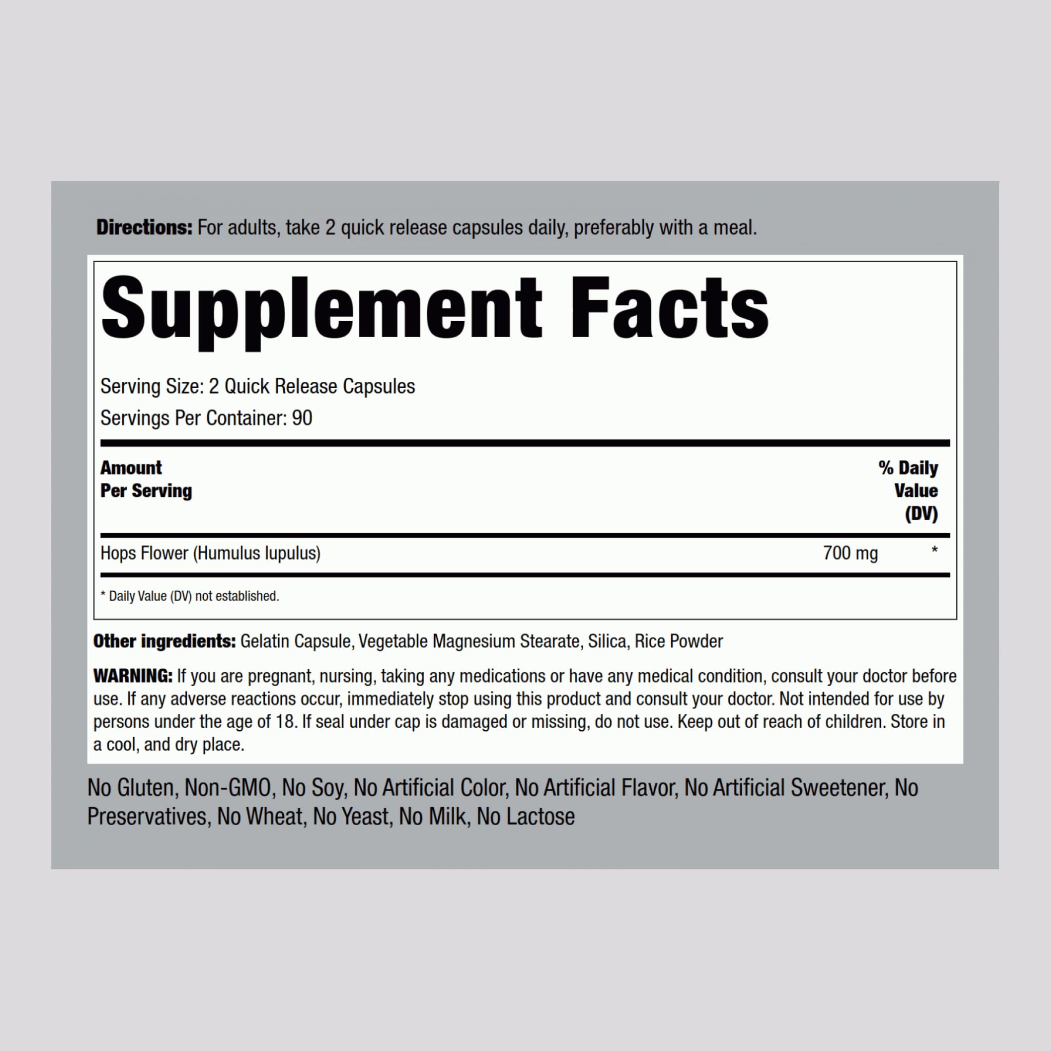 Piping Rock hops extract capsules close-up shows easy-to-swallow quick-release capsules