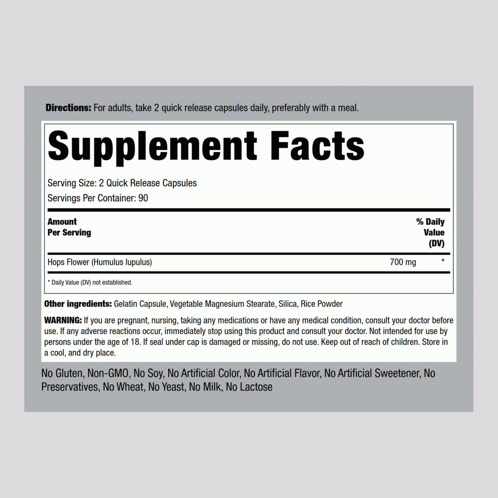 Piping Rock hops extract capsules close-up shows easy-to-swallow quick-release capsules