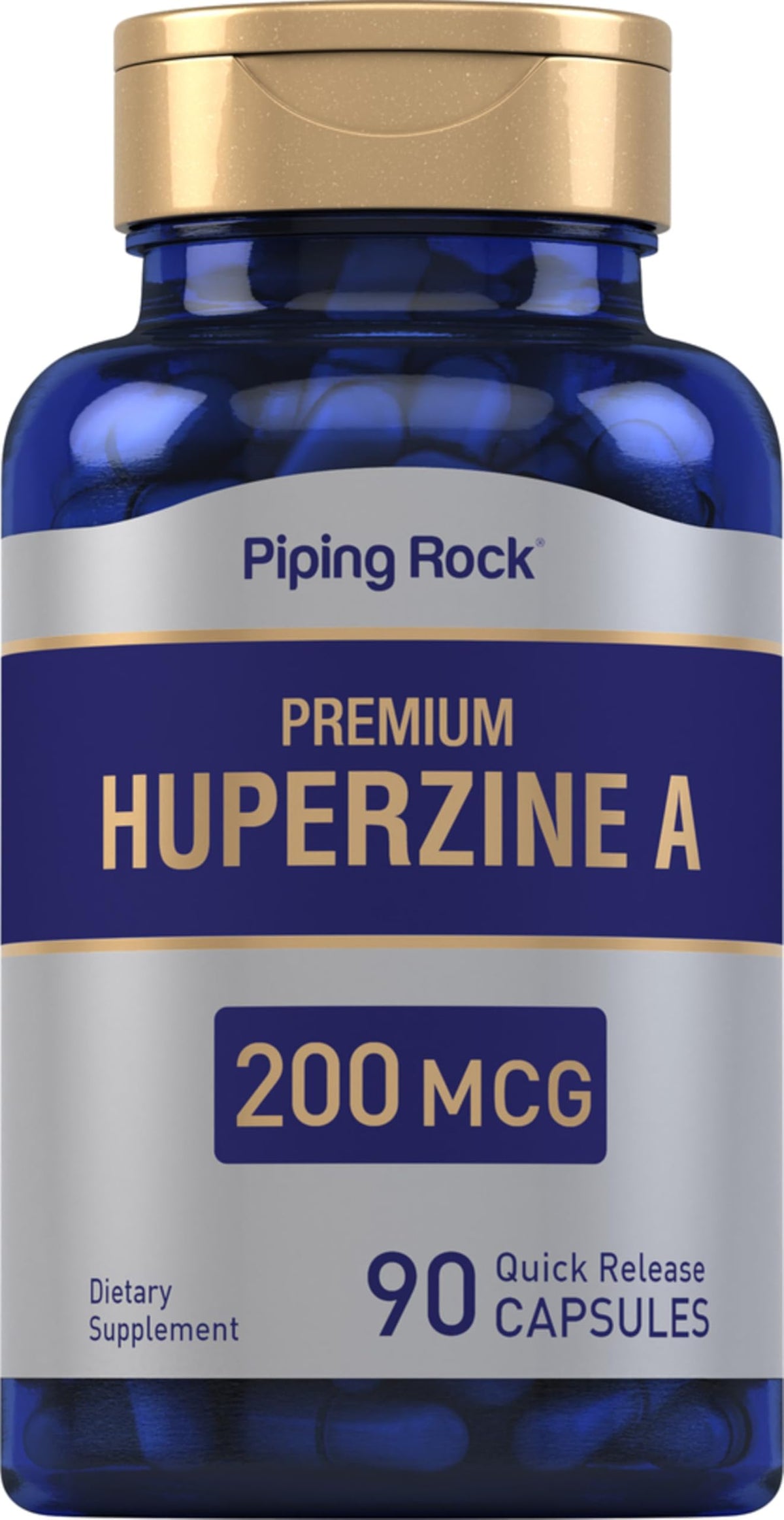 Piping Rock Huperzine A bottle with easy-to-swallow capsules for daily focus support.
