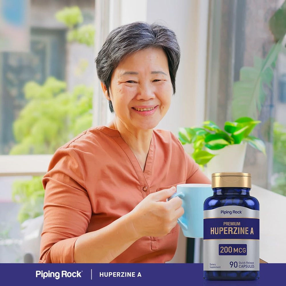 Piping Rock Huperzine A capsules close-up emphasizing quick-release capsules for fast uptake.
