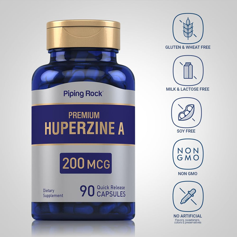 Piping Rock Huperzine A label close-up showing 200 mcg per serving and quality marks.