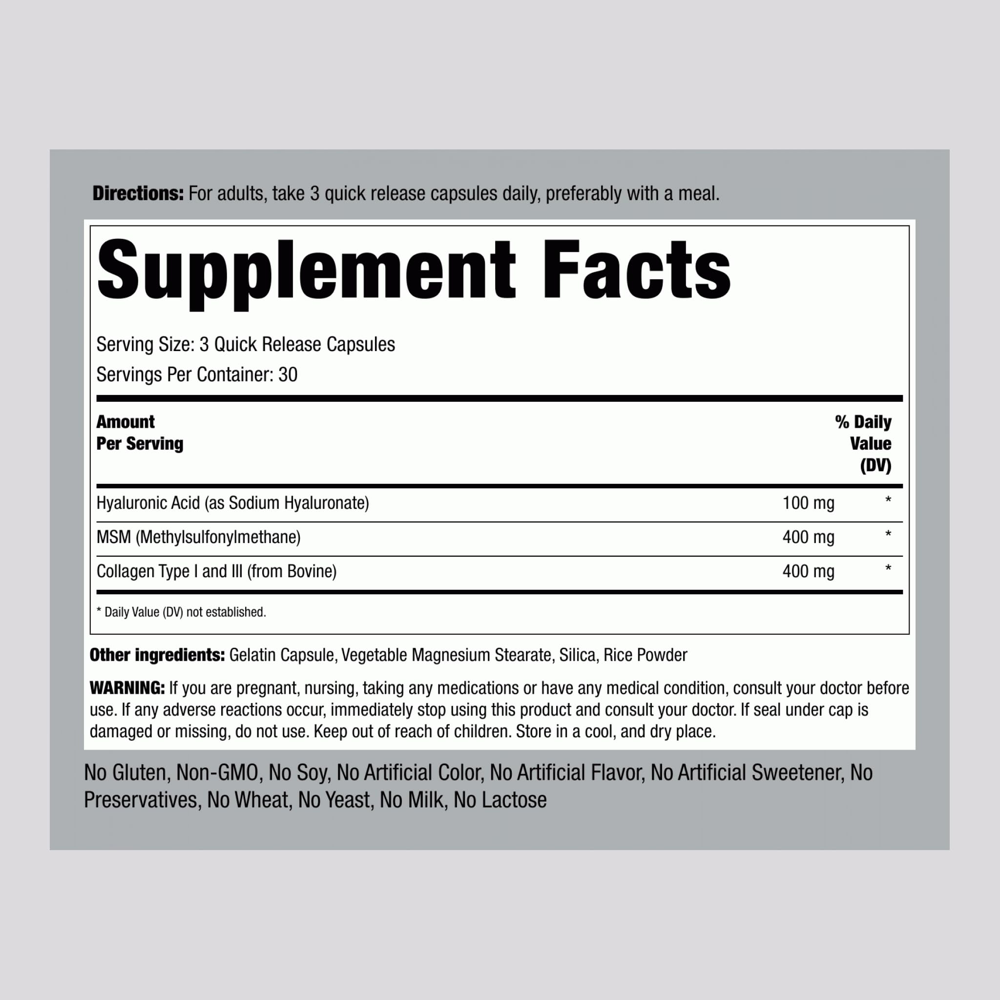 Piping Rock Hyaluronic Acid 900mg capsules close-up showing quick-release design for easy consumption.