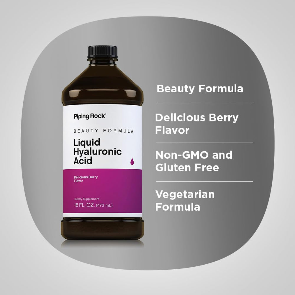 Piping Rock Hyaluronic Acid Berry Liquid bottle with clean ingredients layout