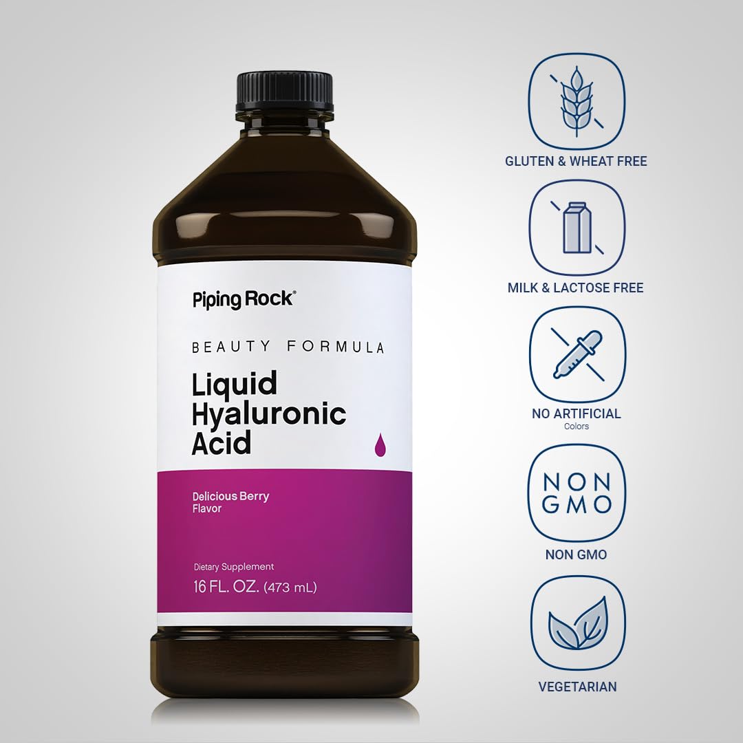 Piping Rock Hyaluronic Acid Berry Liquid nutrition label highlights non-GMO and gluten-free features