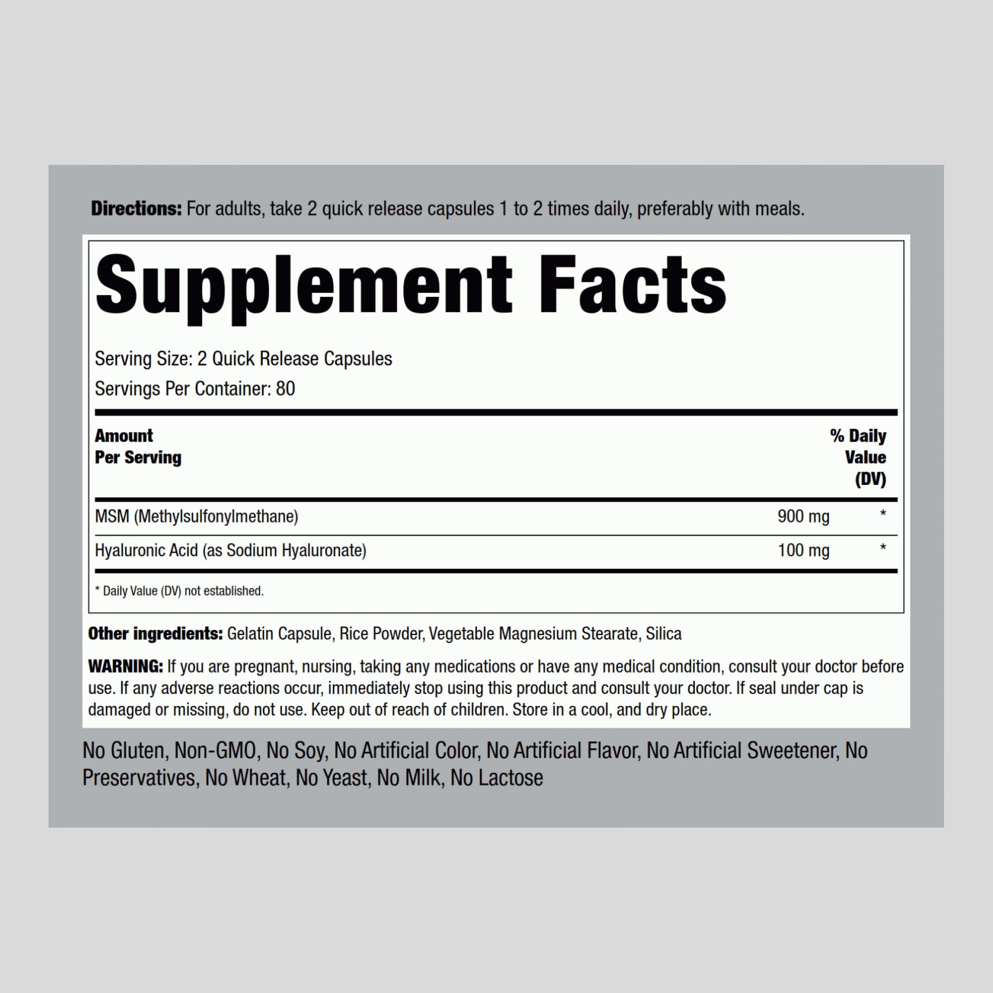 Piping Rock Hyaluronic Acid with MSM capsules close-up for easy intake.