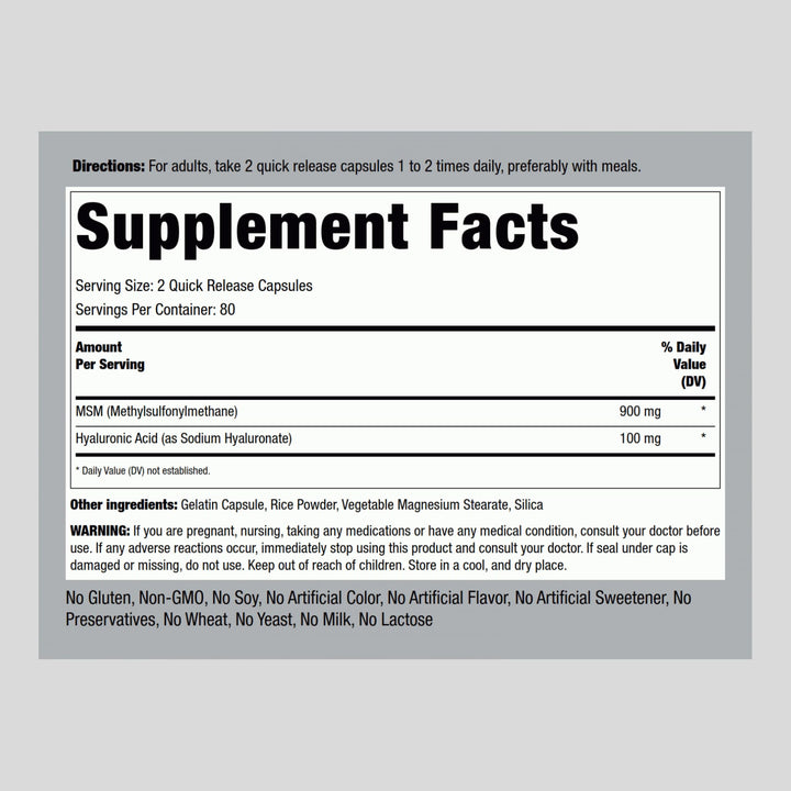 Piping Rock Hyaluronic Acid with MSM capsules close-up for easy intake.