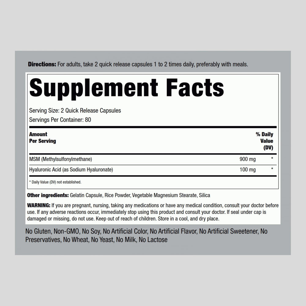 Piping Rock Hyaluronic Acid with MSM capsules close-up for easy intake.