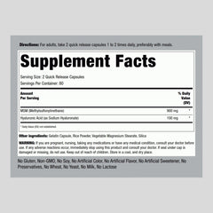 Piping Rock Hyaluronic Acid with MSM capsules close-up for easy intake.