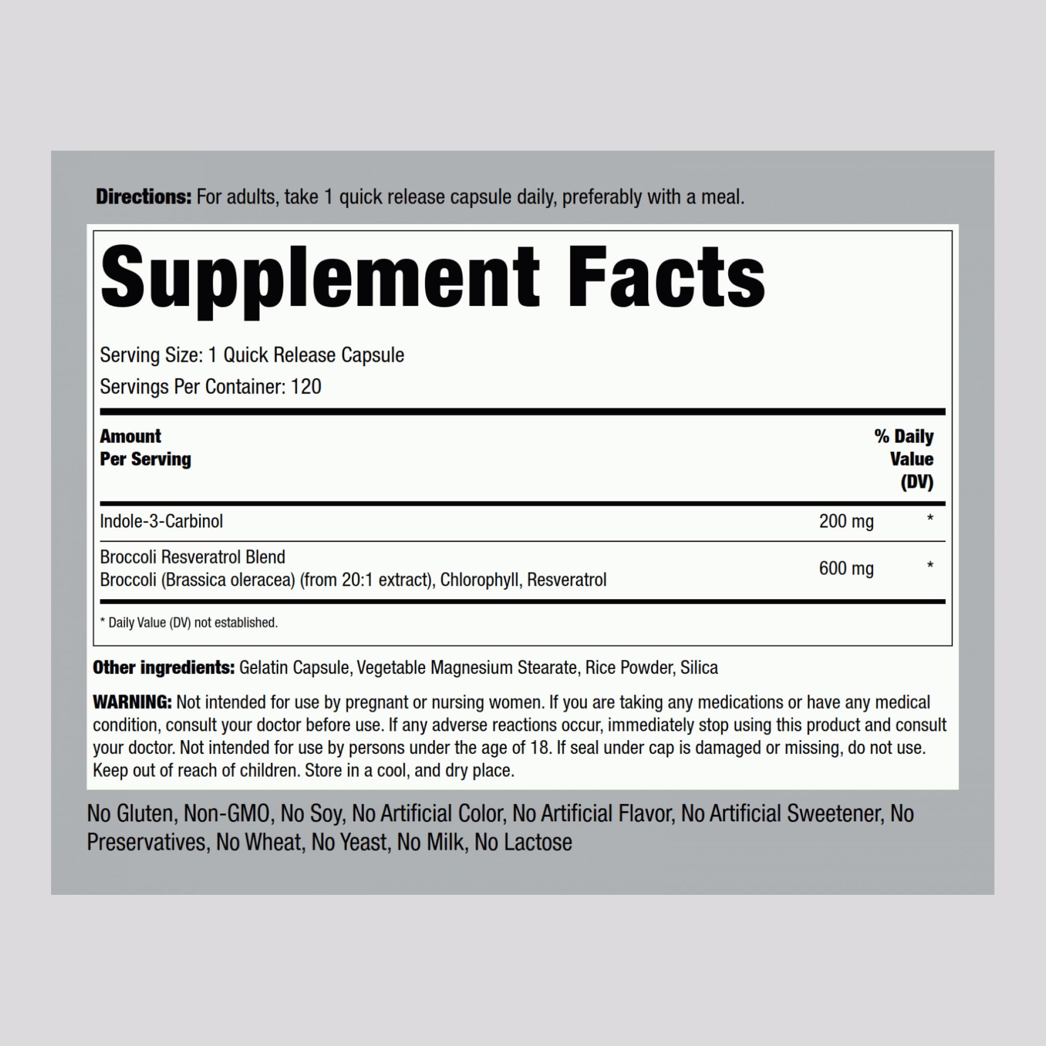 Piping Rock I3C tablets close-up showing easy-to-swallow capsules.
