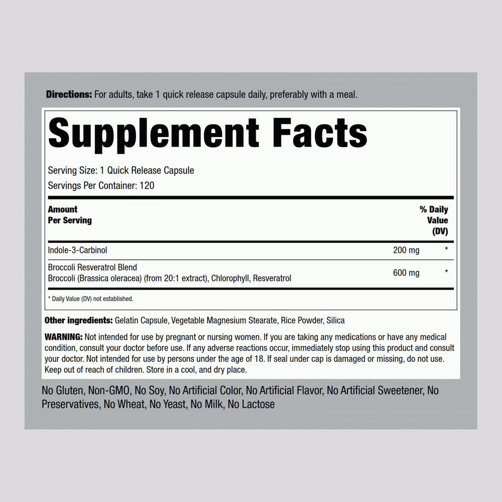 Piping Rock I3C tablets close-up showing easy-to-swallow capsules.