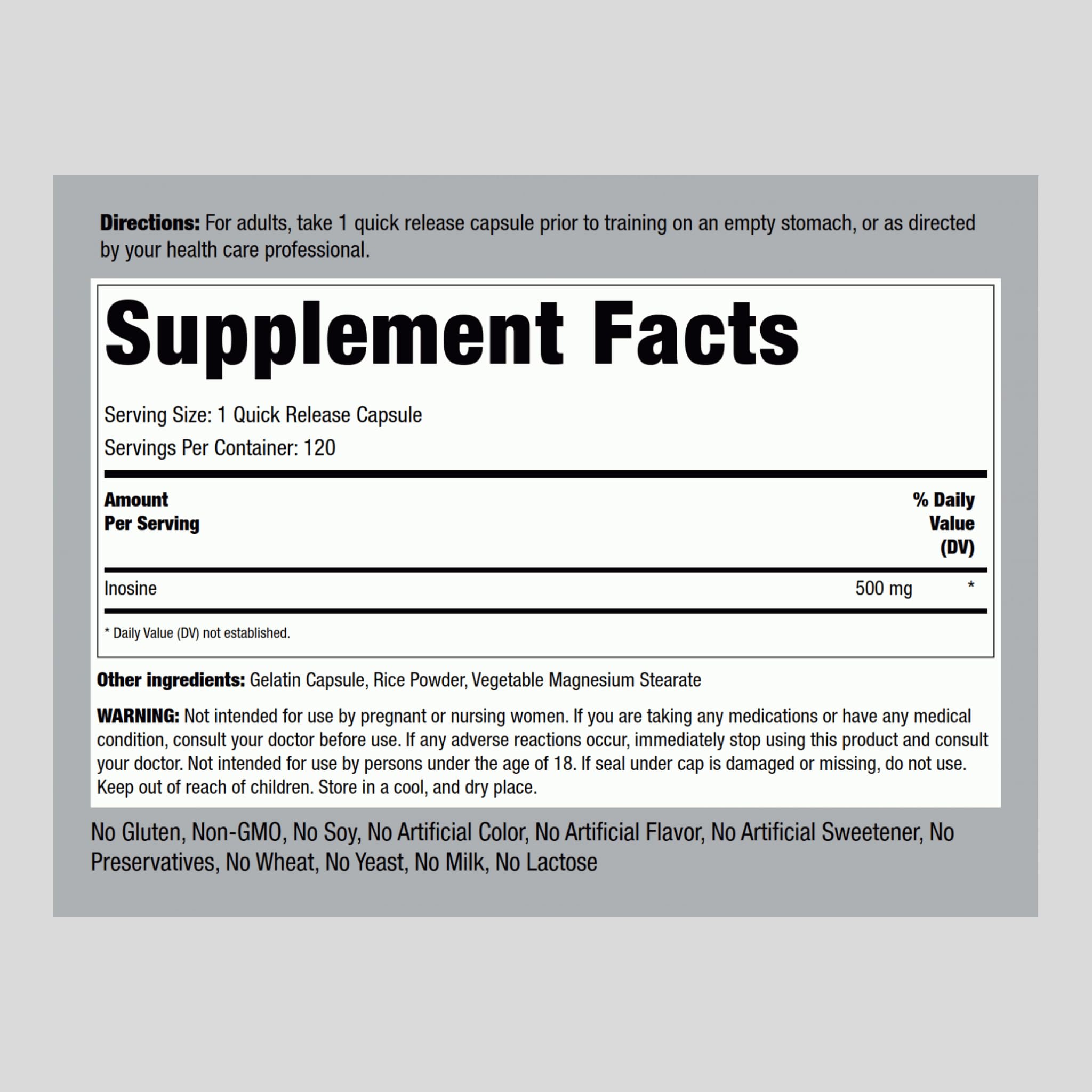 Piping Rock Inosine 500mg capsules neatly arranged for quick release in daily use