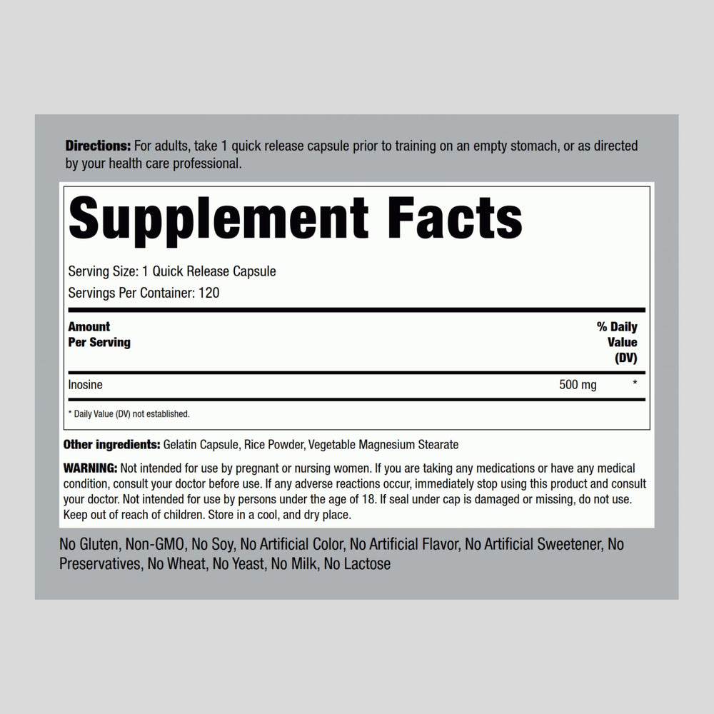 Piping Rock Inosine 500mg capsules neatly arranged for quick release in daily use