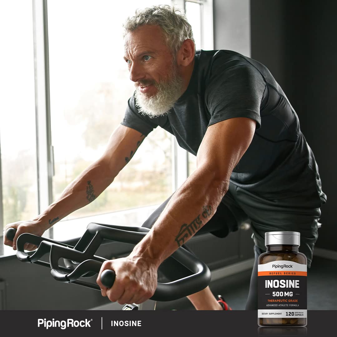 Close-up of Piping Rock Inosine 500mg capsules emphasizing smooth quick release design