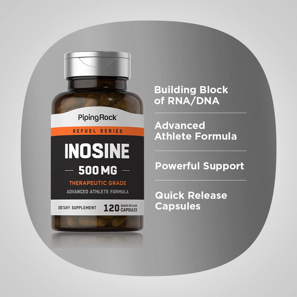 Piping Rock Inosine 500mg bottle labeled as laboratory tested for quality