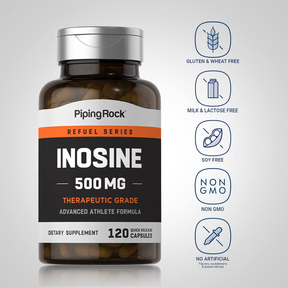 Piping Rock Inosine 500mg bottle displays non GMO gluten free features