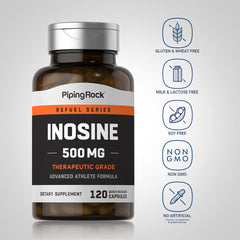 Piping Rock Inosine 500mg bottle displays non GMO gluten free features