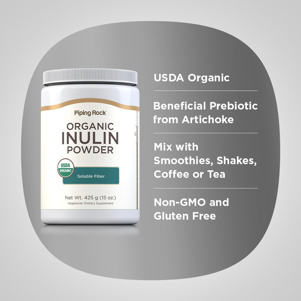 Piping Rock Inulin Powder beside a coffee cup for versatile use.