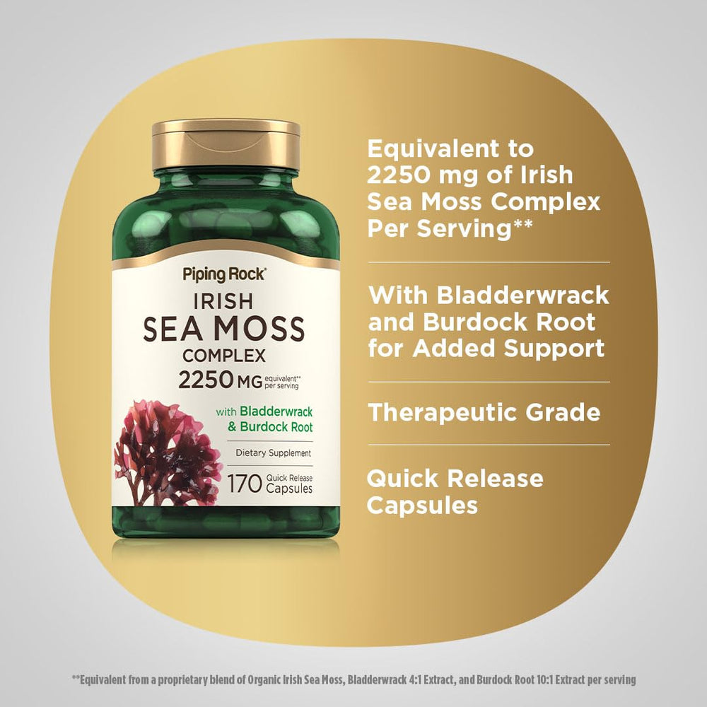 Piping Rock Irish Sea Moss Capsules gluten-free sign; suitable for gluten-free diets.