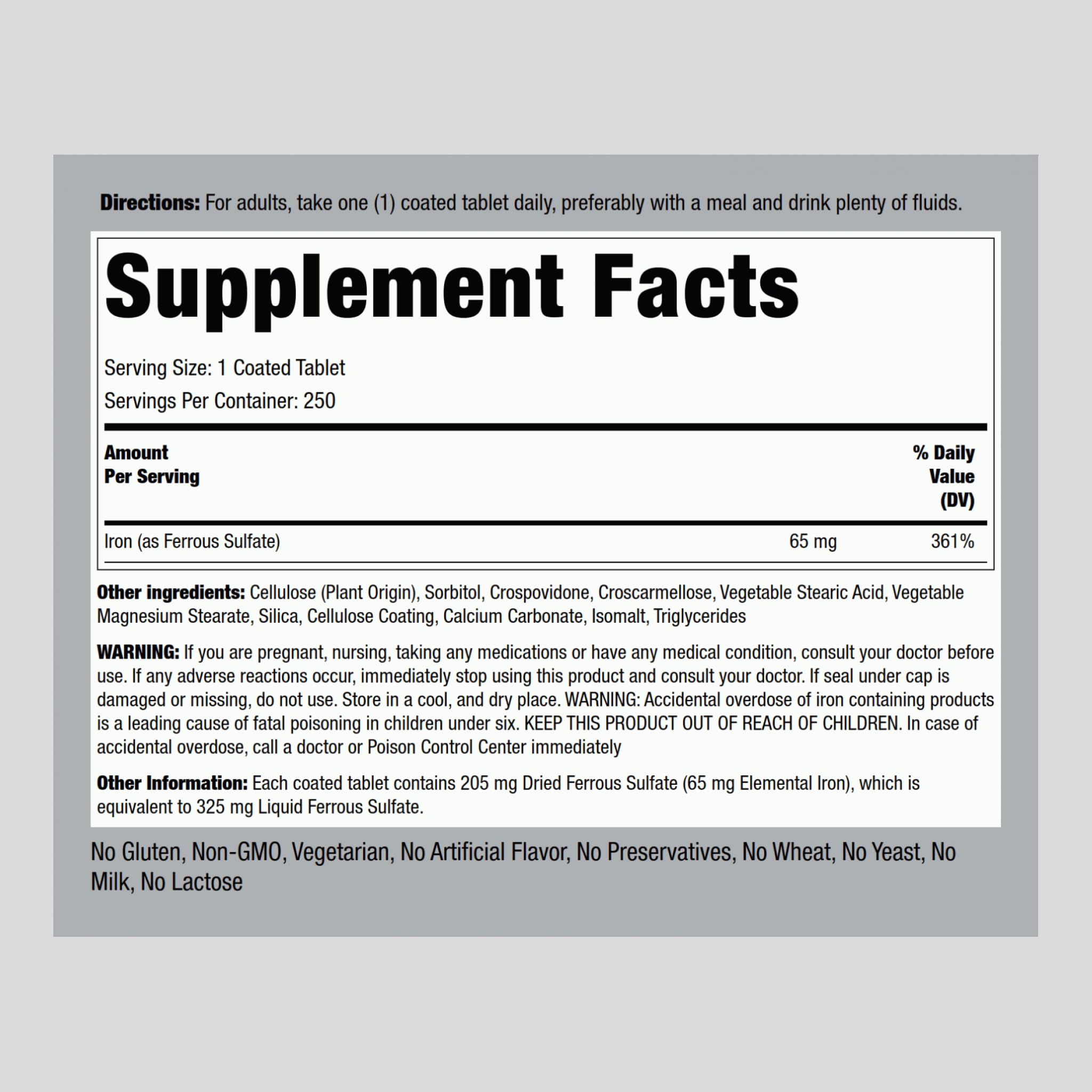 Piping Rock 65mg coated tablets, gentle swallow for regular iron supplements.