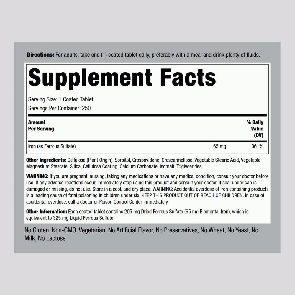 Piping Rock 65mg coated tablets, gentle swallow for regular iron supplements.
