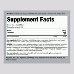 Piping Rock 65mg coated tablets, gentle swallow for regular iron supplements.