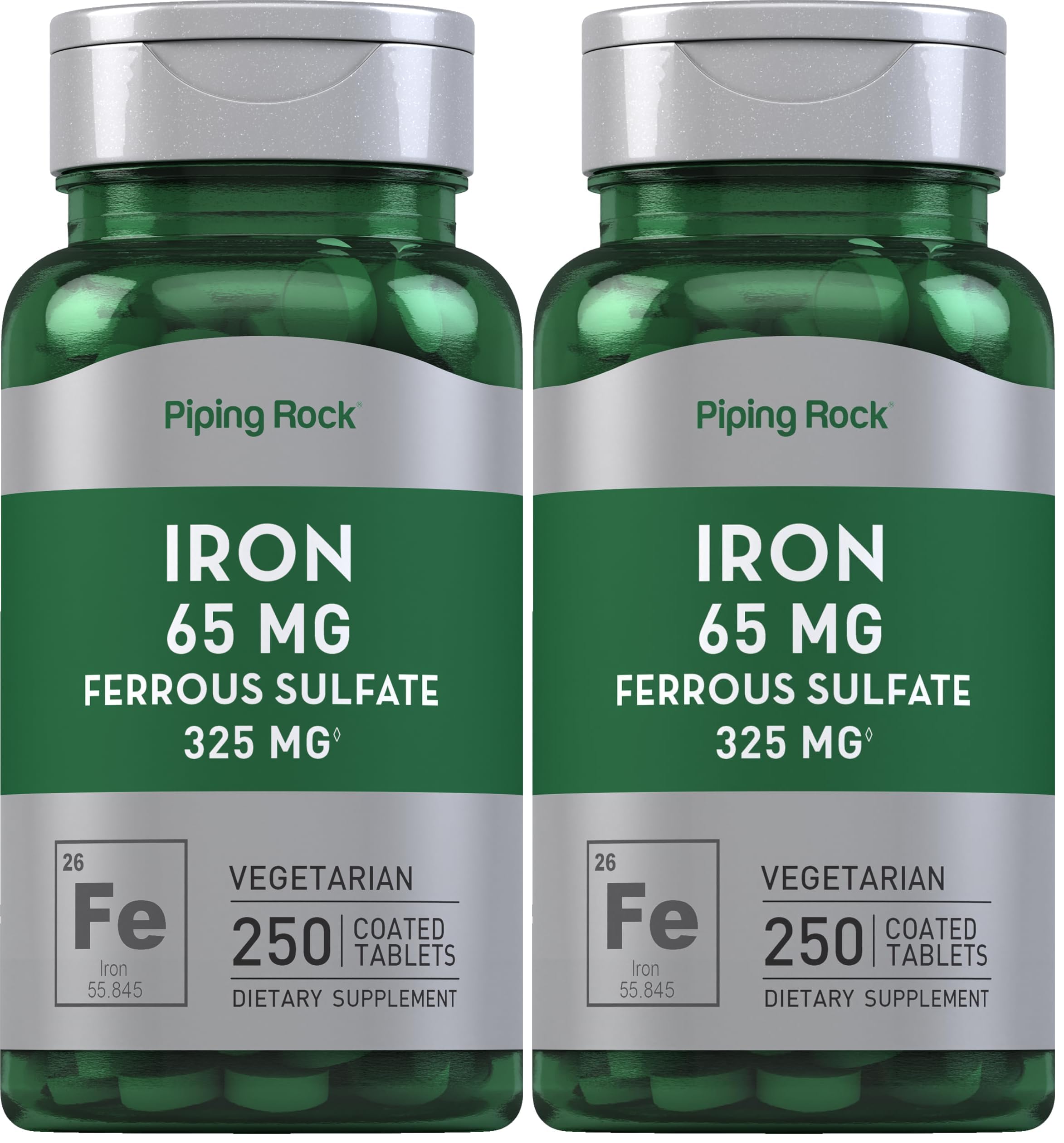 Piping Rock iron 65mg ferrous sulfate tablets, easy daily iron support.