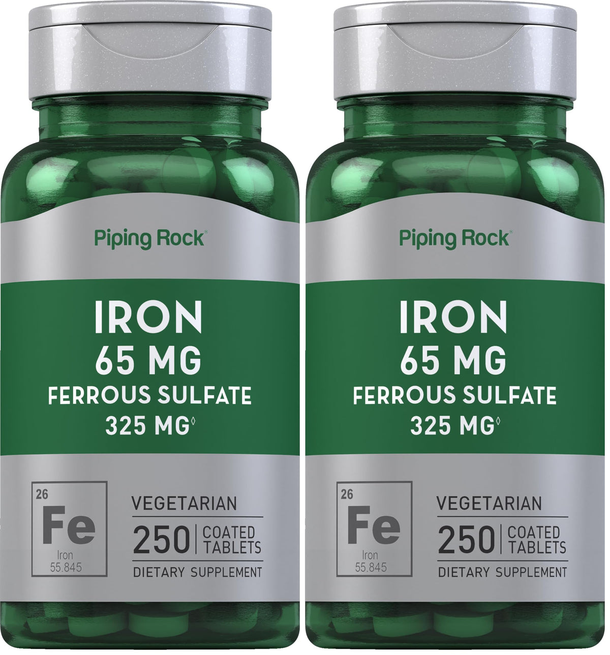 Piping Rock iron 65mg ferrous sulfate tablets, easy daily iron support.
