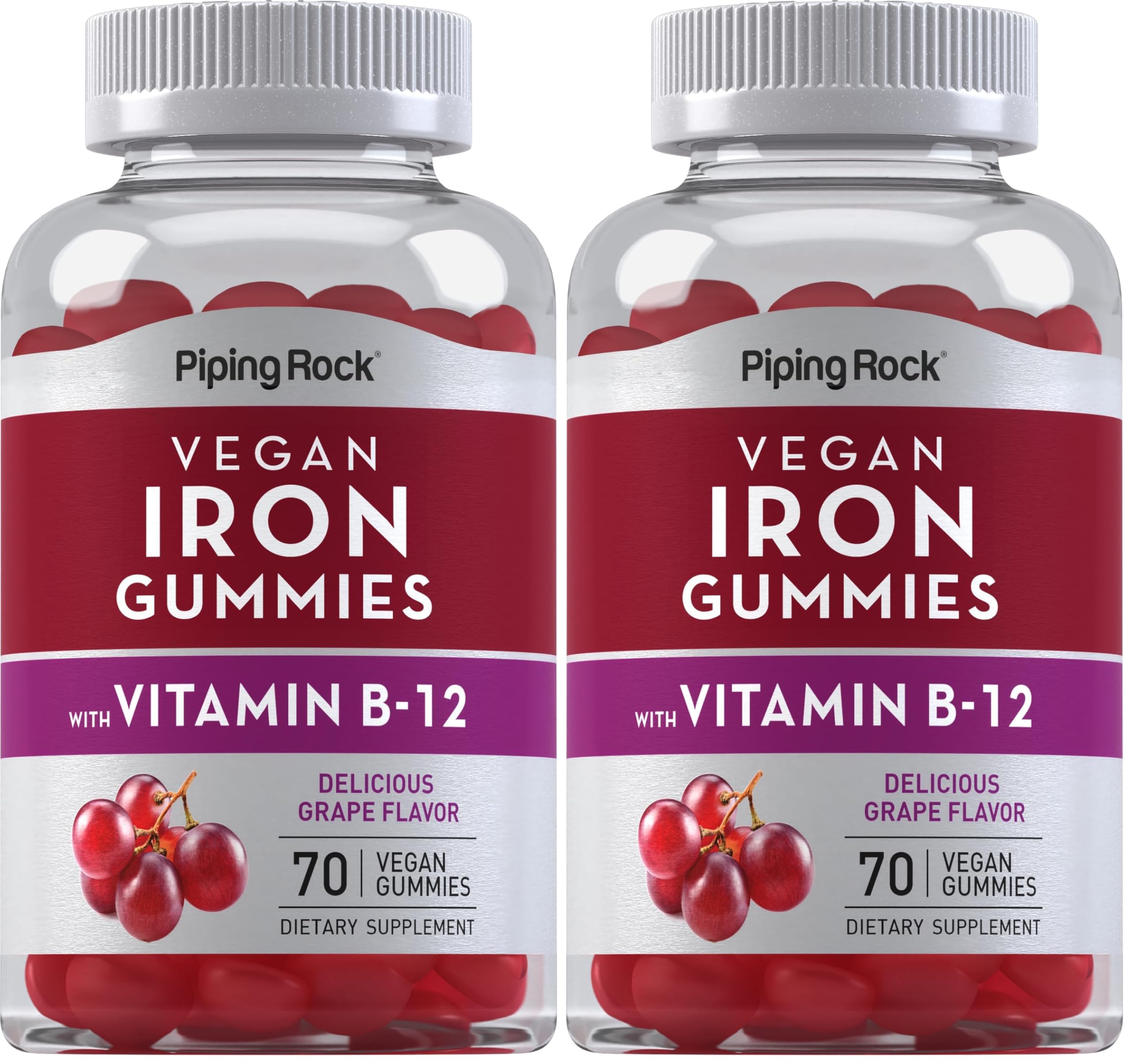 Piping Rock Iron Gummies grape bottle shows high-potency iron for daily nutrition.