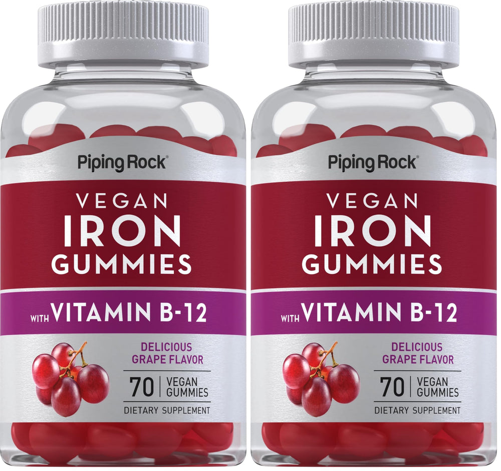 Piping Rock Iron Gummies grape bottle shows high-potency iron for daily nutrition.