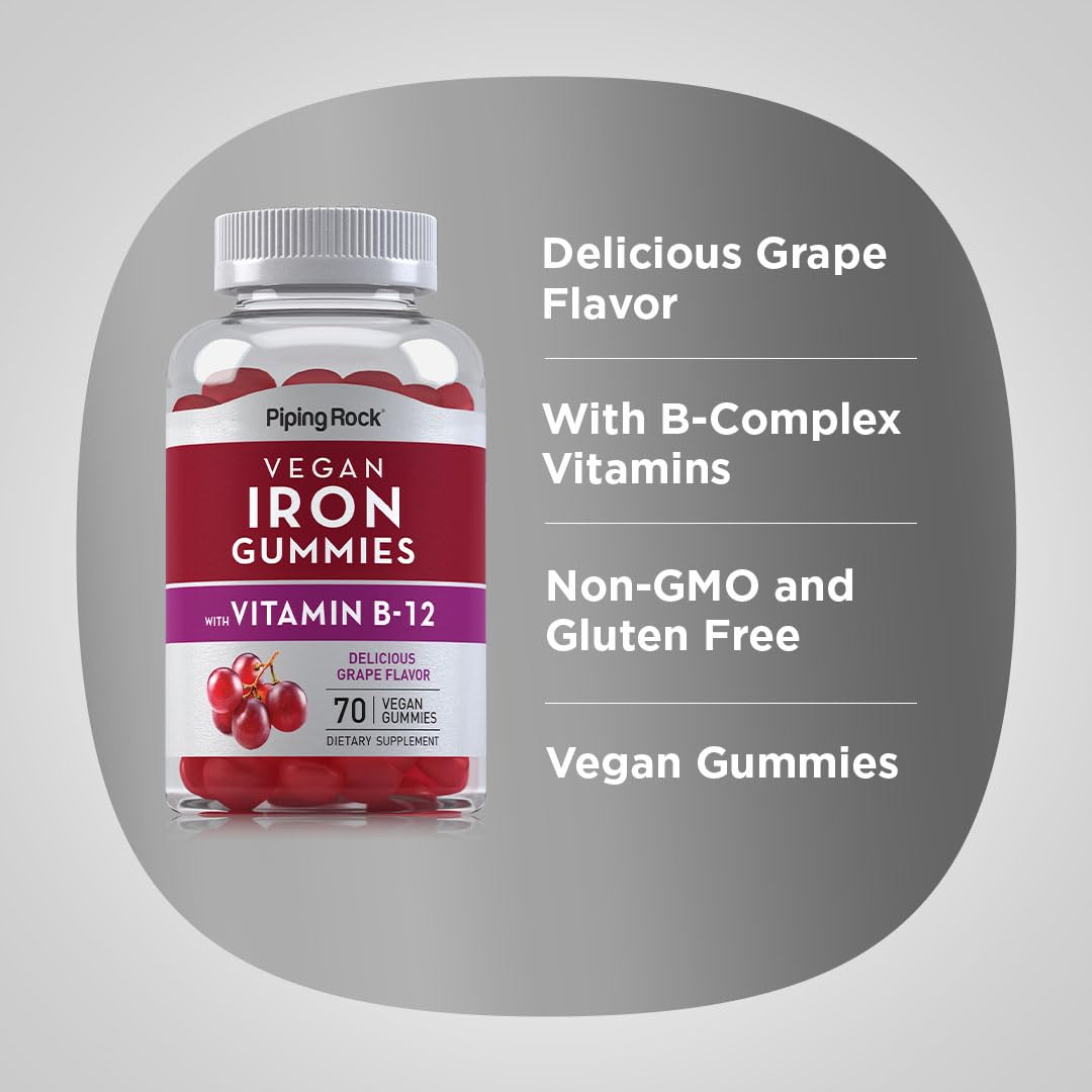 Piping Rock Iron Gummies grape bottle side shows B12 inclusion for daily nutrition.