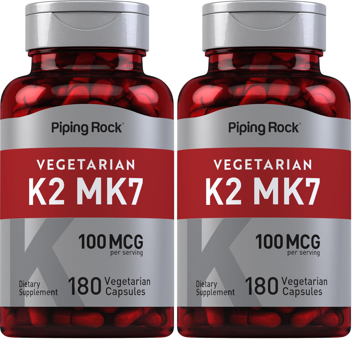 Piping Rock K2 MK7 bottle label highlighting brand trust and clear ingredients.