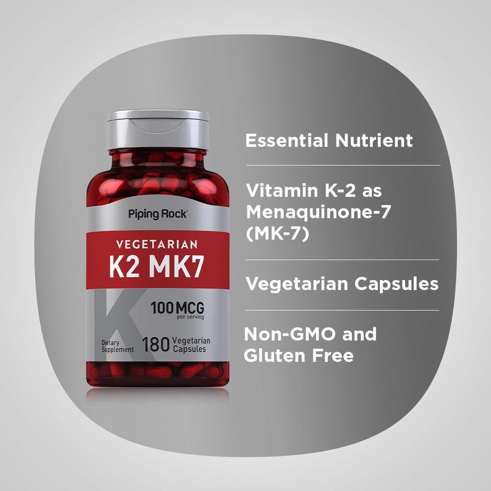 Piping Rock K2 MK7 non-GMO gluten-free promise for clean nutrition.