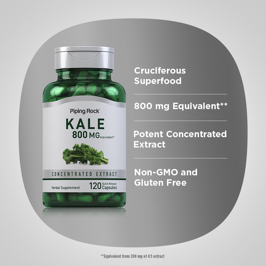 Piping Rock kale extract bottle with kale leaves signals cruciferous superfood support