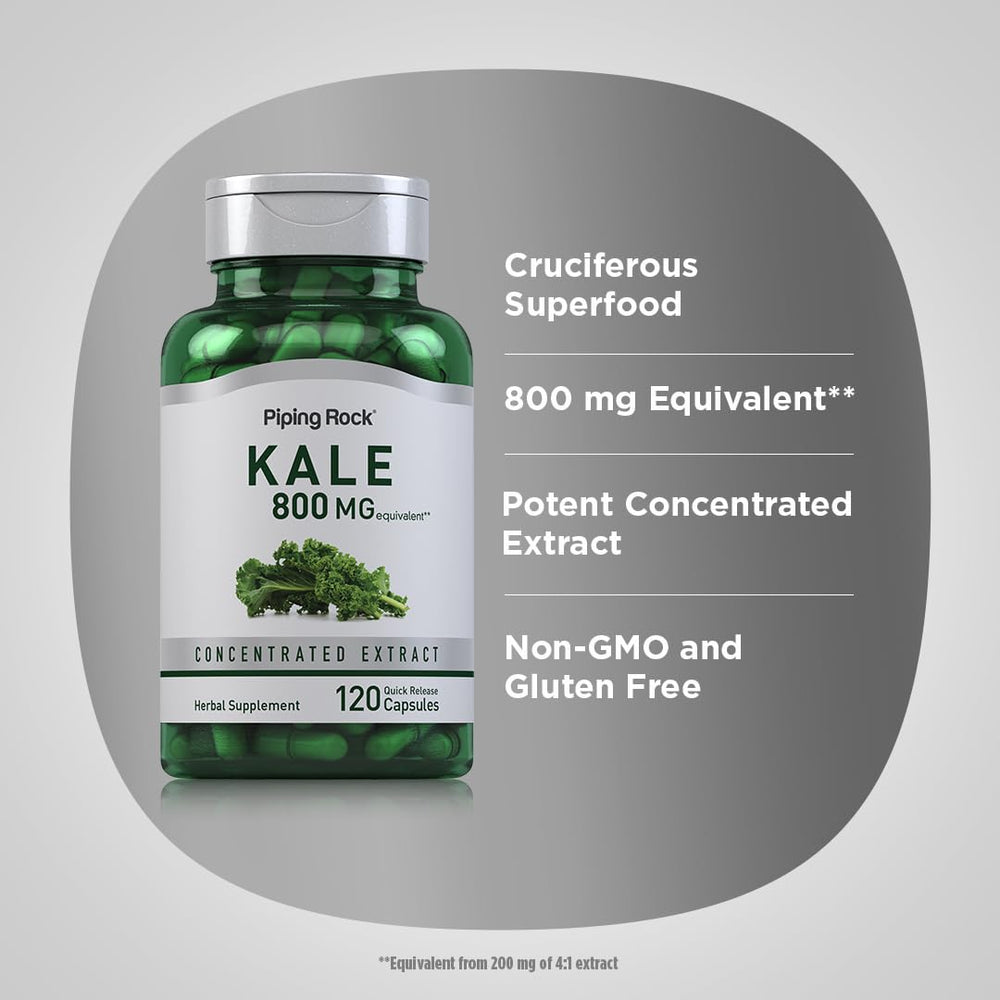Piping Rock kale extract bottle with kale leaves signals cruciferous superfood support