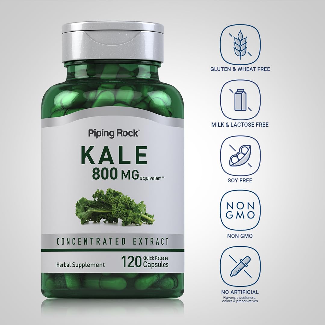 Piping Rock kale extract capsules arranged offer simple daily supplementation routine