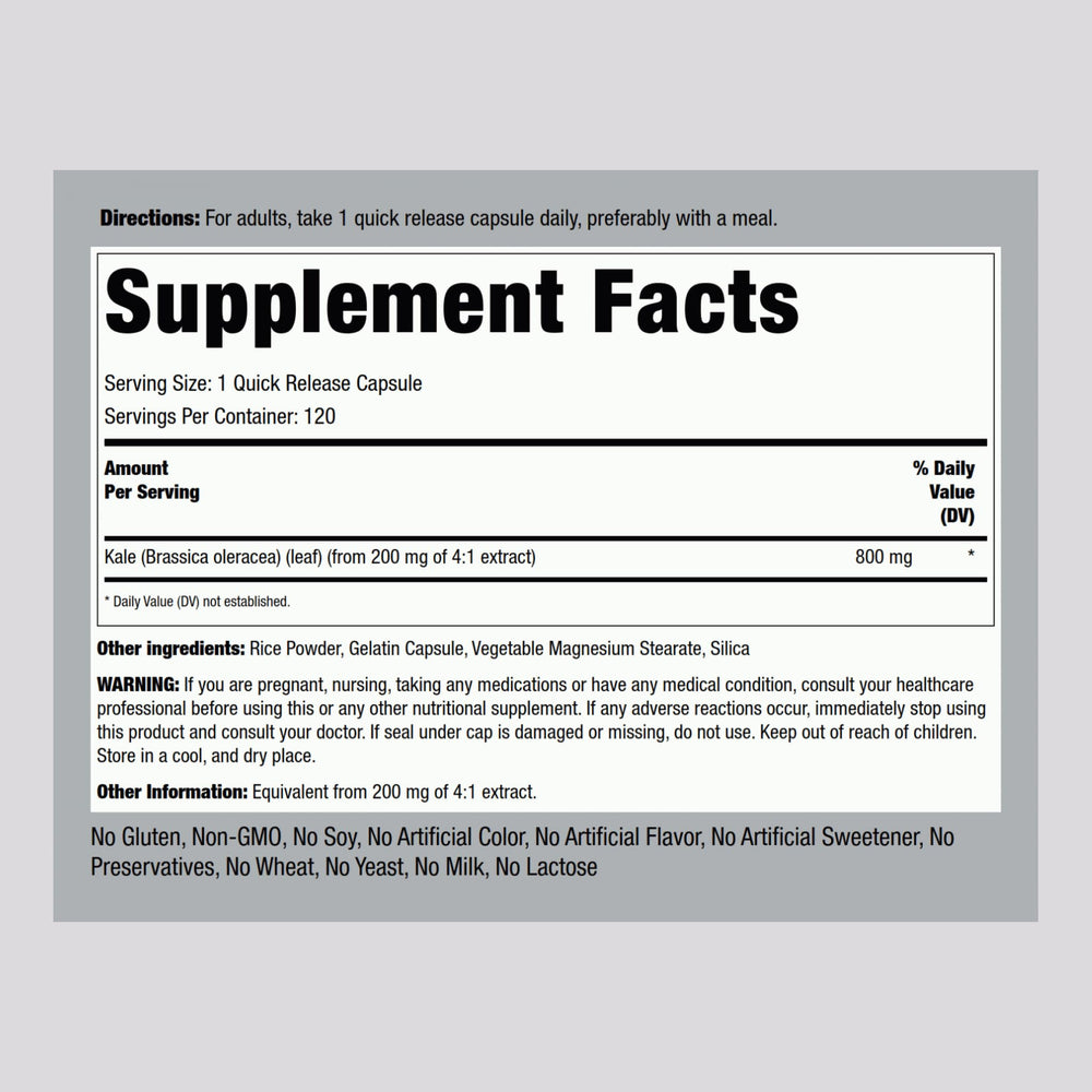 Piping Rock kale extract capsules label closeup shows 800 mg per serving for informed dosing