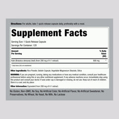 Piping Rock kale extract capsules label closeup shows 800 mg per serving for informed dosing