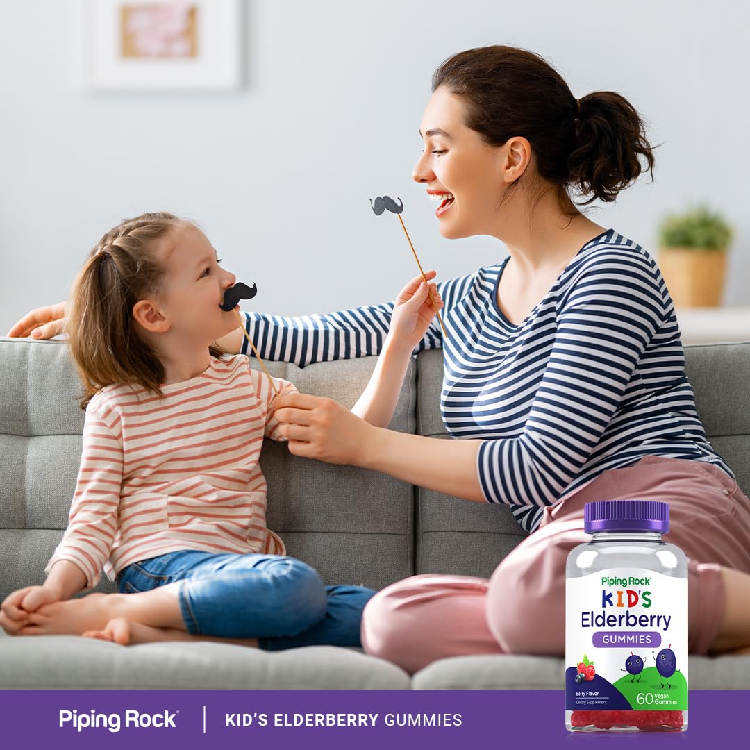 Piping Rock Kids Elderberry Gummies closeup on kitchen counter