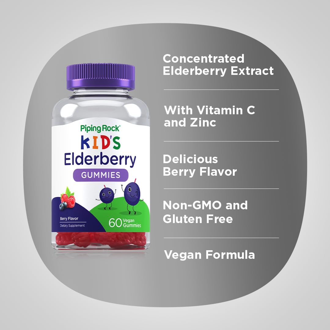 Piping Rock label on Kids Elderberry Gummies showing gluten-free and vegan notes