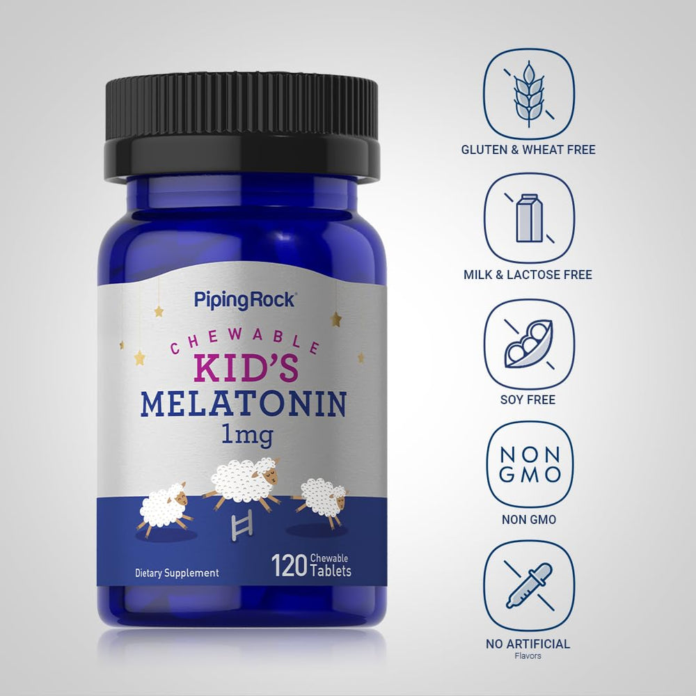 Piping Rock Kids Melatonin 1mg bottle label emphasizes gentle dose