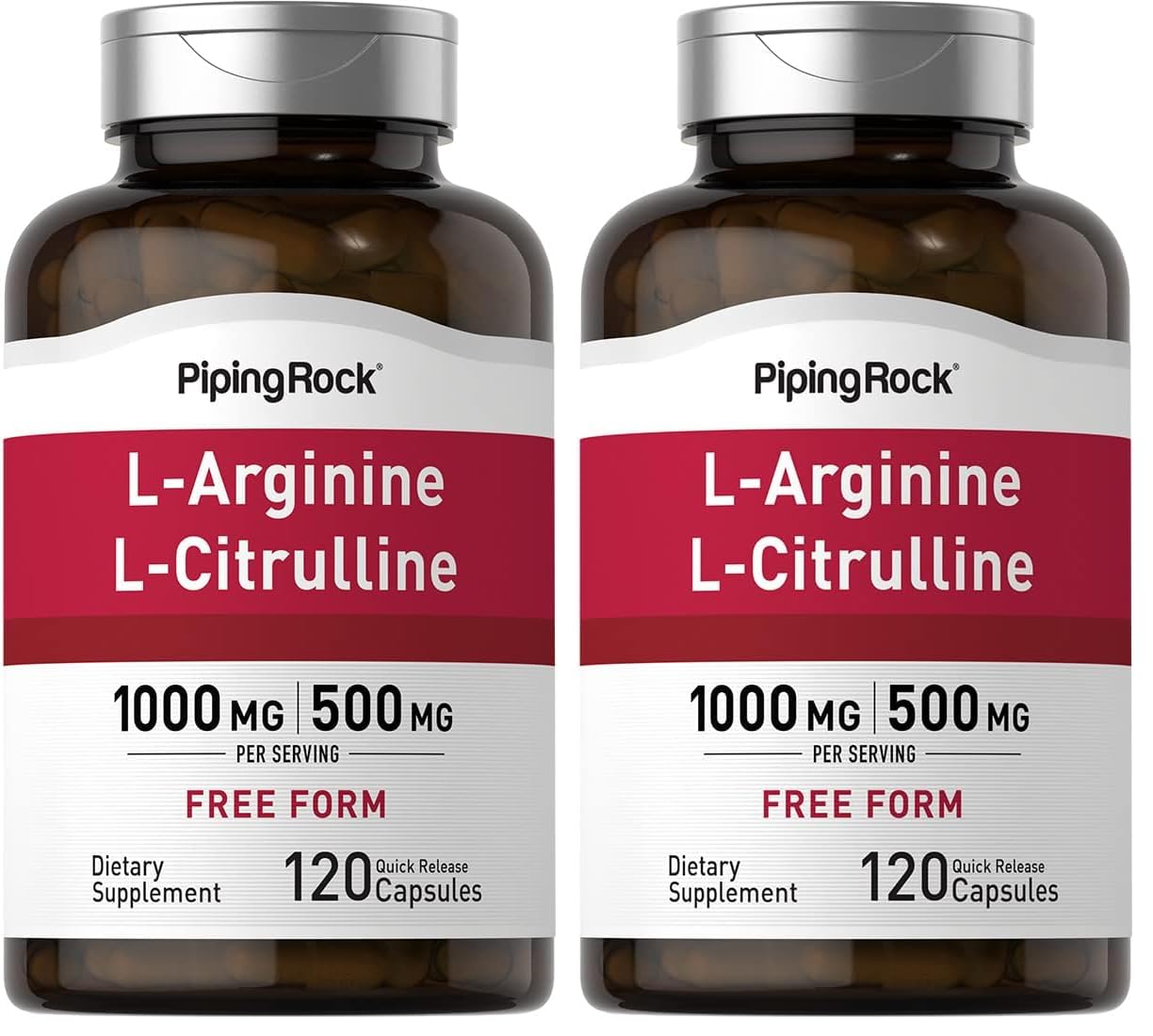 Piping Rock L-Arginine L-Citrulline bottle showing per-pack formula for daily wellness support.