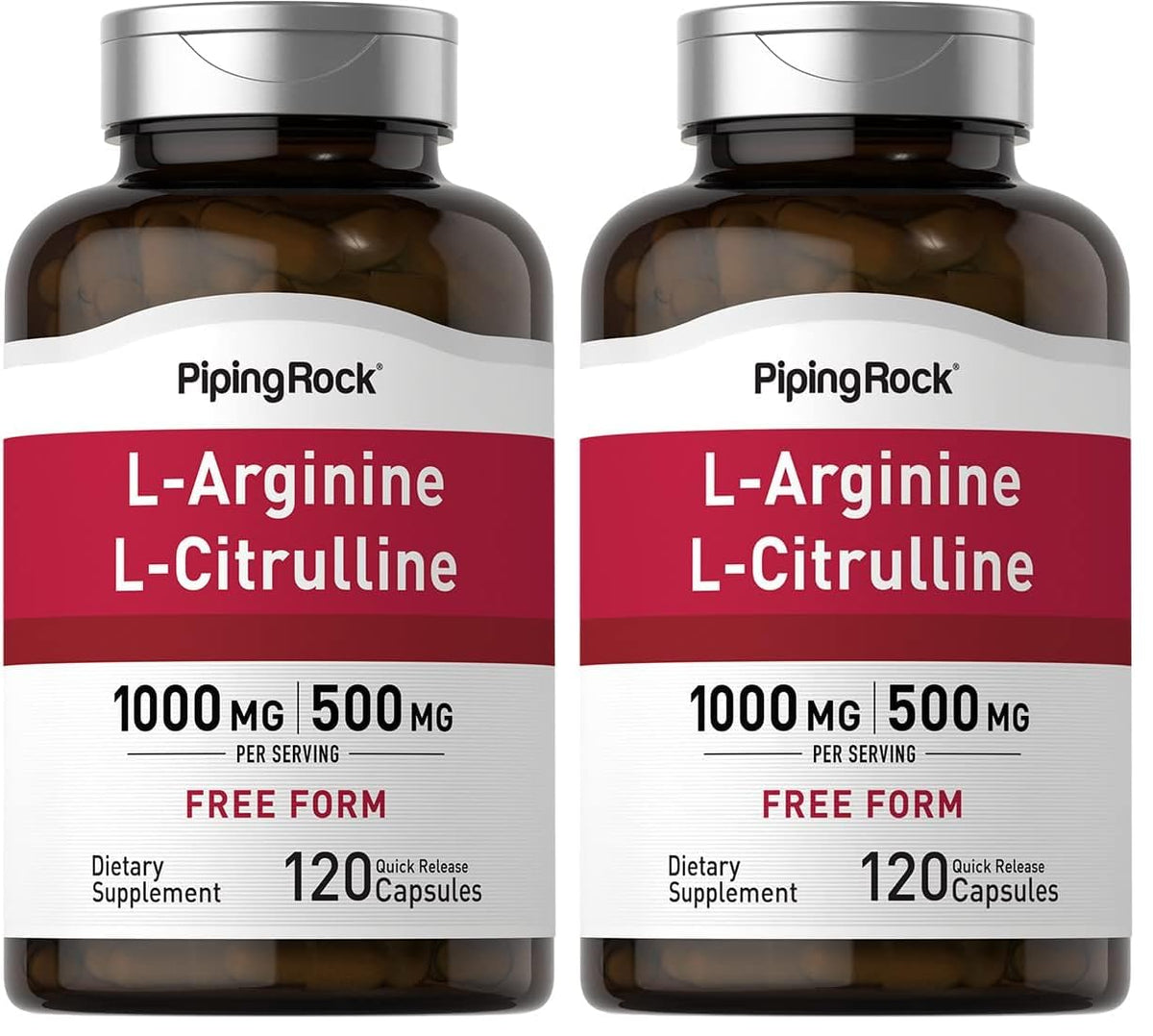 Piping Rock L-Arginine L-Citrulline bottle showing per-pack formula for daily wellness support.