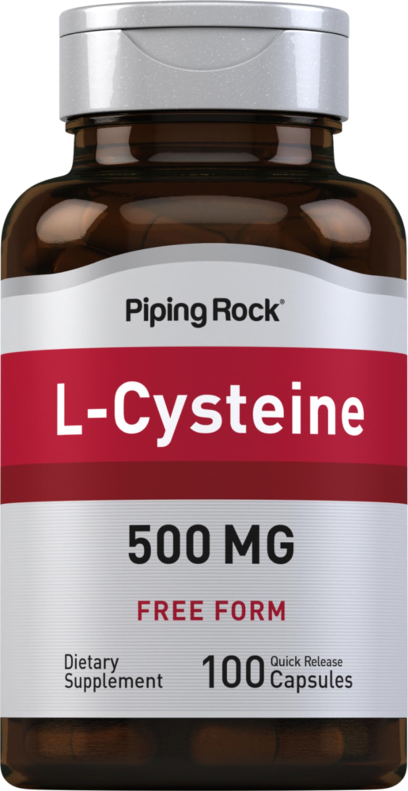 Piping Rock L-Cysteine 500 mg bottle with quick-release capsules for daily support.