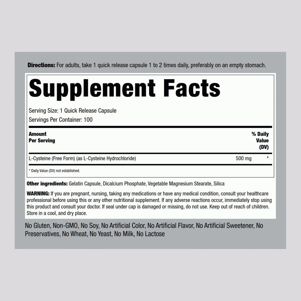 Piping Rock L-Cysteine 500 mg capsules shown for easy daily supplementation.