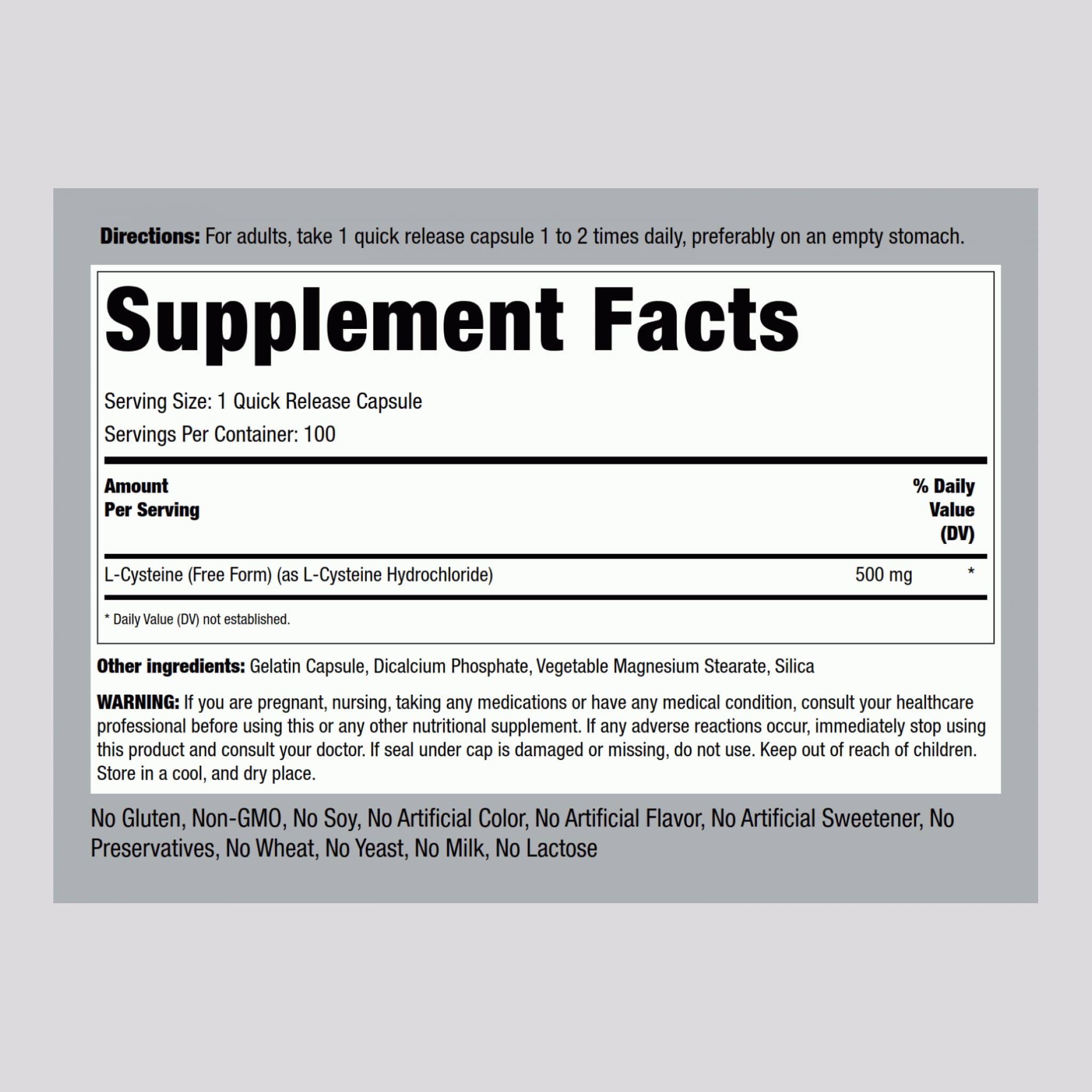 Piping Rock L-Cysteine 500 mg capsules ready to swallow